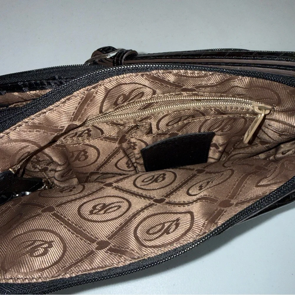 Brighton‎ Black Nylon Croc Embossed Leather Crossbody Bag F174135 Brown Trim